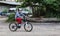 The boy riding a bike in a touring car camp,australia