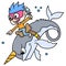 A boy is riding a horned whale swimming in the underwater world, doodle icon image kawaii