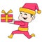 Boy running around carrying a christmas present for his friend, doodle icon image kawaii