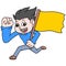 Boy is running with a happy face sport carrying a yellow flag, doodle icon image kawaii