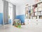 Boy s bedroom interior with a white wall, like bed, cabinet, framed poster and toys.