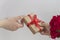 Boy`s hand gives wrapped gift box to girl, red roses near, white backgroud,