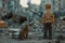 Boy sad alone child hugs dirty cat, ruined house, destroyed city street post apocalyptic scene.