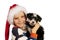 Boy with Santa hat and puppy
