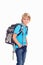 Boy with satchel in front of white background