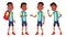 Boy Schoolboy Kid Poses Set Vector. High School Child. Black. Afro American. Children Study. Knowledge, Learn, Lesson