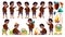 Boy Schoolboy Kid Poses Set Vector. Primary School Child. Black. Afro American. Picnic, Summer Rest. Hike. Vacation