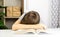 A boy schoolboy sits at a table with his head down on a book. The child depicts fatigue and laziness to learn, to read a book