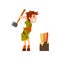 Boy scout character in uniform chopping the wood, outdoor adventures and survival activity in camping vector