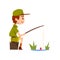Boy scout character in uniform fishing, outdoor adventures and survival activity in camping vector Illustration isolated