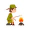 Boy scout character in uniform frying marshmallow on bonfire, outdoor adventures and survival activity in camping vector