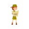 Boy scout character in uniform holding tourist map, outdoor adventures and survival activity in camping vector