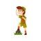Boy scout character in uniform observing something from a distance, outdoor adventures and survival activity in camping