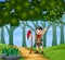 Boy scout hiking in the forest background