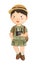 Boy scout with hiking suit hold camera . Realistic watercolor paint with paper textured . Cartoon character design . Vector