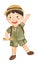 Boy scout with hiking suit hold map and wave the hand . Realistic watercolor paint with paper textured . Cartoon character design