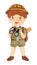 Boy scout with hiking suit look through binoculars . Realistic watercolor paint with paper textured . Cartoon character design .