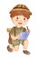 Boy scout with hiking suit is take note on paper . Realistic watercolor paint with paper textured . Cartoon character design .