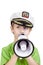 Boy in sea peaked cap says into megaphone