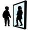 Boy sees a girl in the reflection of the mirror. Transvestism. Not in your body. Transgender transition. Gender change. Silhouette