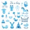 It is a boy - set of blue toys and gifts for baby shower or gender reveal.