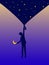 Boy shadow or silhouette holds the night sky curtain with stars and invites the moon in the heavens. Dream story concept