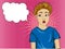 Boy in shock. Funny hair insert end. Very surprised and frightened child. Illustration pop art on a pink background.