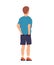 Boy in shorts with hands in pockets. View from behind on standing male in casual summer clothing. Cartoon man looking