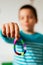 Boy showing friendship bracelet