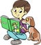 Boy shows an open book in front of a small dog