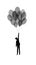 Boy silhouette holds the baloons on the white background, dreamer concept, black and white people silhouette, shadow