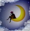 Boy silhouette sitting on the moon and playing trumpet, dreamer, shadows,