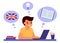 Boy sits on laptop and learns an English lesson. Child learns remotely foreign language. Home school, web e-learning