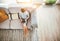 Boy sits on sofa plays with smartphone and gamepad camera top view. Child and electronic devices concept