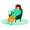 Boy sitting on chair and chatting on smartphone, messaging using chat app or social network, vector