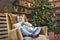 Boy sitting in a chair near near a New Year tree with gifts