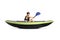 Boy sitting in a green kayak with a paddle and a safety vest
