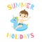 Boy sitting on swimming circle unicorn. Kid having summer holidays fun on inflatable ring