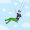 Boy sitting on a swing among the sky, clouds and paper planes flat illustration. Boy having fun vector concept.