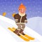 Boy is skiing from the mountain. Winter sports and outdoor activities. Vector illustration