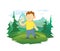 A boy smells a flower in a forest clearing. Mountain landscape in the background. Vector illustration, isolated on white