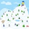 Boy snowboarder on the mountain. Educational game for children. A fun maze for young children. Cartoon vector illustration