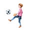 Boy soccer goalkeeper kicks a soccer ball up. Hand watercolor illustration isolated on white background. For the design