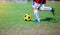 Boy soccer player speed run to shoot ball to goal on green grass