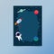 Boy in space invitation template. Astronaut floating with planets in cute flat cartoon style