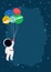 Boy in space invitation template. Astronaut floating with planets like balloons in cute flat cartoon style