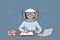 Boy in spacesuit sits at table with laptop and textbooks making notes in workbook. Vector image