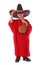 Boy in spanish red shirt and sombrero holding bota bag with wine