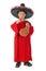 Boy in spanish red shirt and sombrero holding bota bag with wine