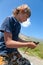 The boy with a spinning catch grayling